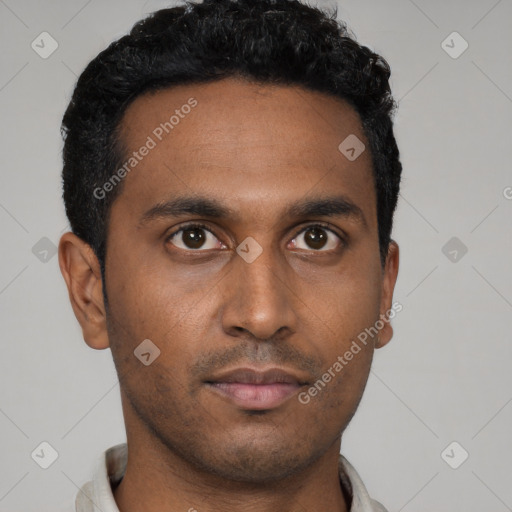 Neutral latino young-adult male with short  black hair and brown eyes