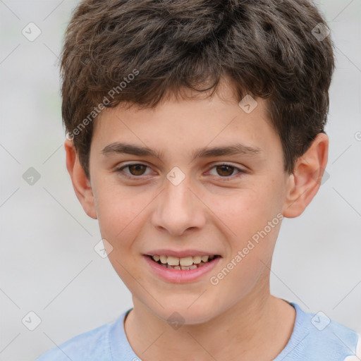 Joyful white child male with short  brown hair and brown eyes