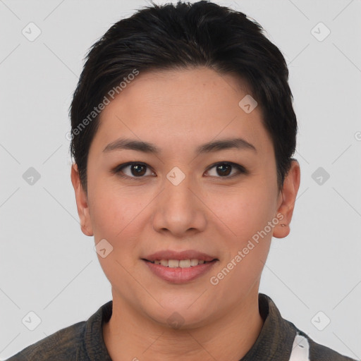 Joyful asian young-adult female with short  brown hair and brown eyes