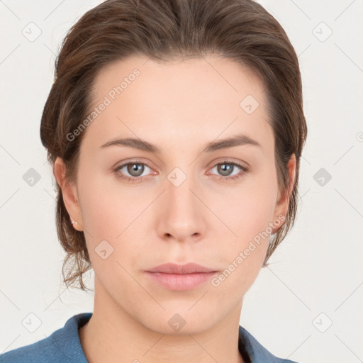 Neutral white young-adult female with medium  brown hair and grey eyes