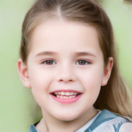 Joyful white child female with short  brown hair and grey eyes