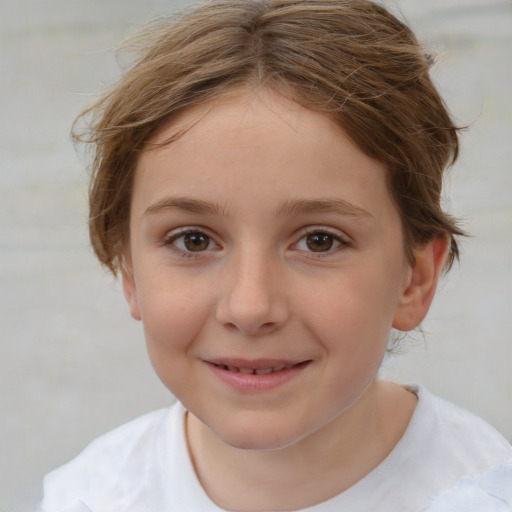 Joyful white child female with short  brown hair and brown eyes