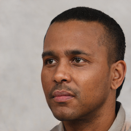 Neutral black young-adult male with short  black hair and brown eyes
