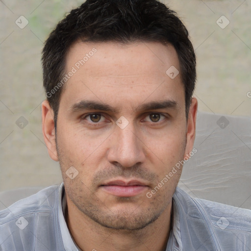 Neutral white young-adult male with short  brown hair and brown eyes