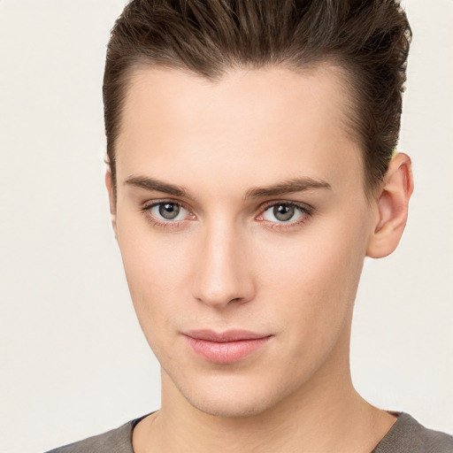 Neutral white young-adult male with short  brown hair and brown eyes