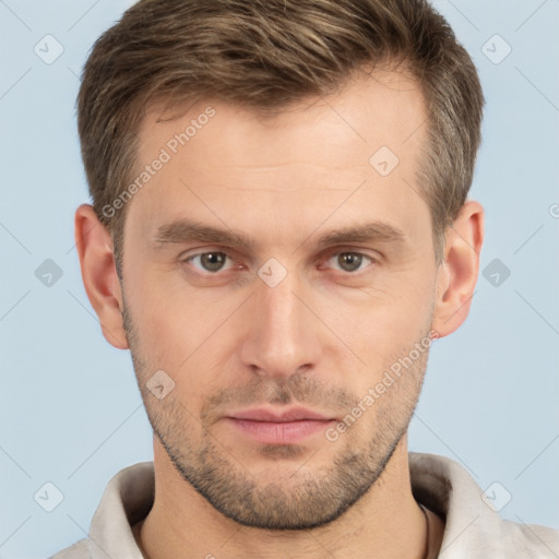 Neutral white young-adult male with short  brown hair and brown eyes