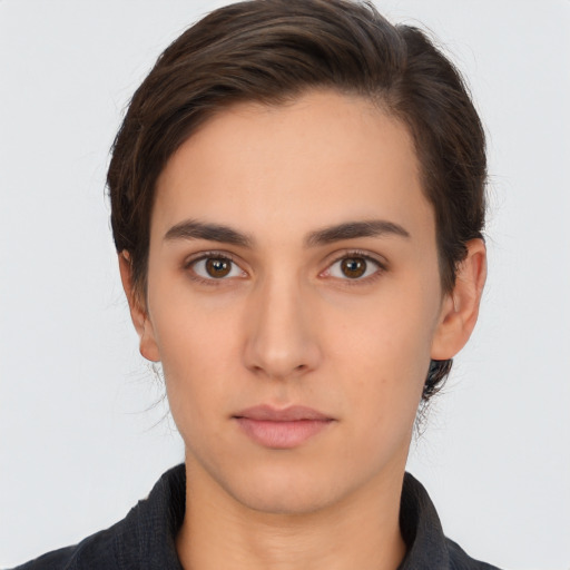 Neutral white young-adult female with short  brown hair and brown eyes