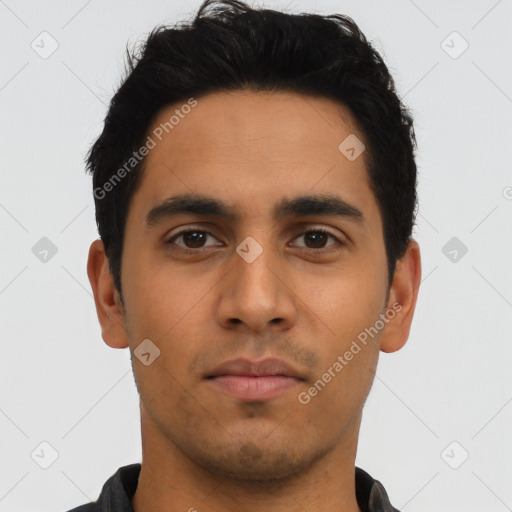 Neutral latino young-adult male with short  black hair and brown eyes