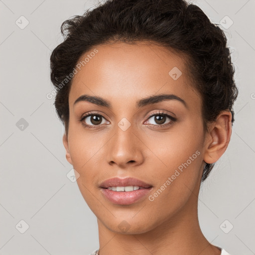 Neutral white young-adult female with short  brown hair and brown eyes