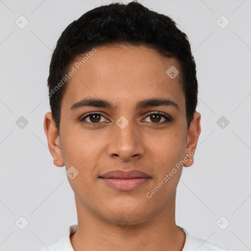 Joyful latino young-adult male with short  brown hair and brown eyes