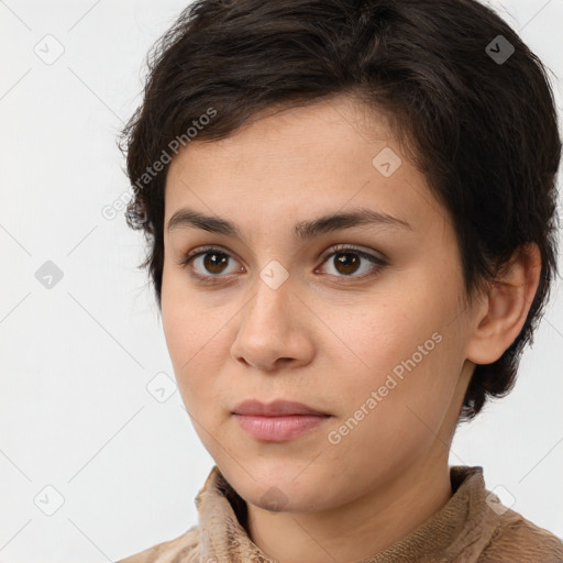 Neutral white young-adult female with medium  brown hair and brown eyes