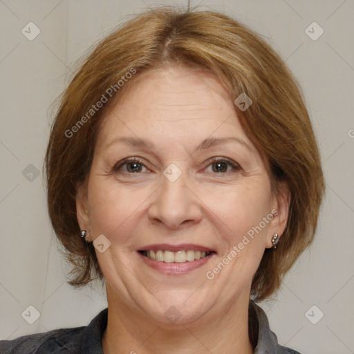 Joyful white adult female with medium  brown hair and brown eyes