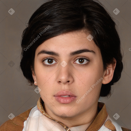 Neutral white young-adult female with medium  brown hair and brown eyes