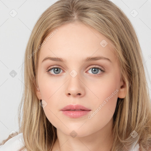 Neutral white young-adult female with long  brown hair and grey eyes