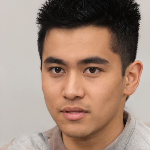 Neutral asian young-adult male with short  black hair and brown eyes