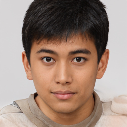Neutral asian young-adult male with short  brown hair and brown eyes