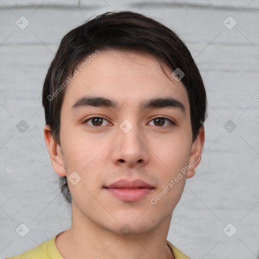 Neutral white young-adult male with short  brown hair and brown eyes