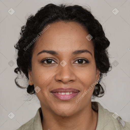 Joyful black young-adult female with long  brown hair and brown eyes