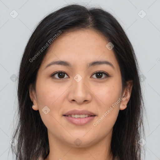 Joyful white young-adult female with long  brown hair and brown eyes