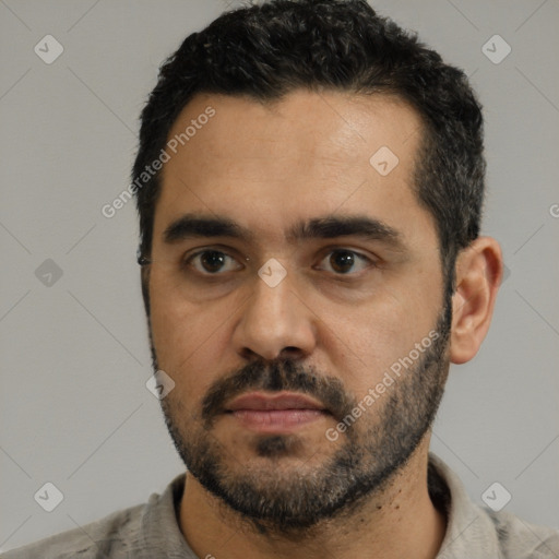 Neutral latino young-adult male with short  black hair and brown eyes