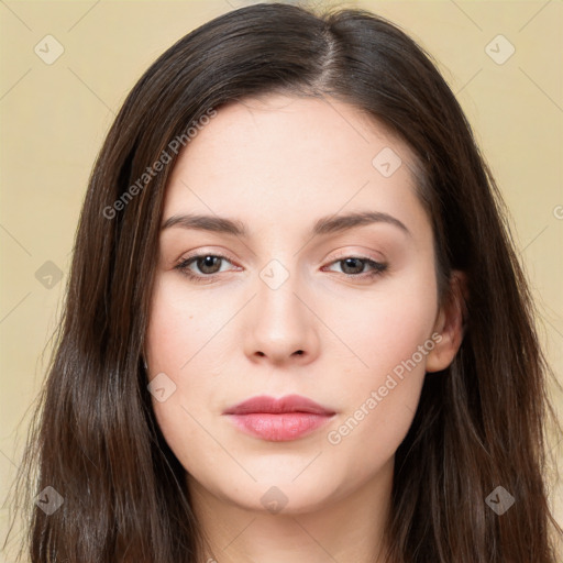 Neutral white young-adult female with long  brown hair and brown eyes