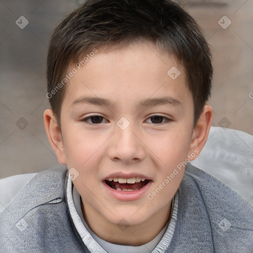 Joyful white child male with short  brown hair and brown eyes