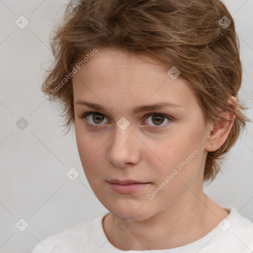 Neutral white young-adult female with short  brown hair and brown eyes