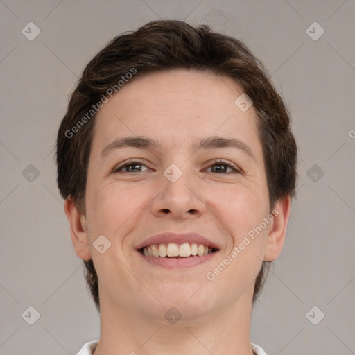 Joyful white adult female with short  brown hair and brown eyes