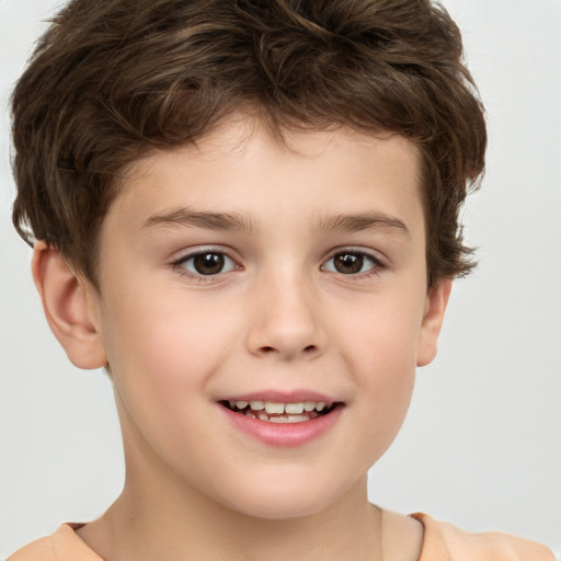 Joyful white child male with short  brown hair and brown eyes