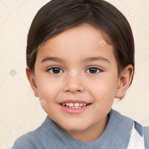 Joyful white child female with short  brown hair and brown eyes