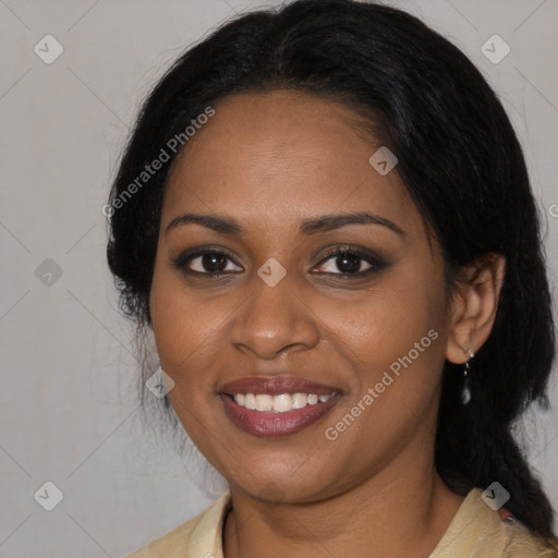 Joyful black young-adult female with medium  black hair and brown eyes