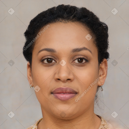 Joyful latino young-adult female with short  brown hair and brown eyes