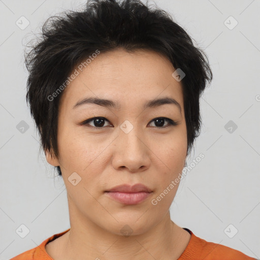 Neutral asian young-adult female with short  brown hair and brown eyes