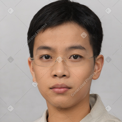 Neutral asian young-adult male with short  black hair and brown eyes