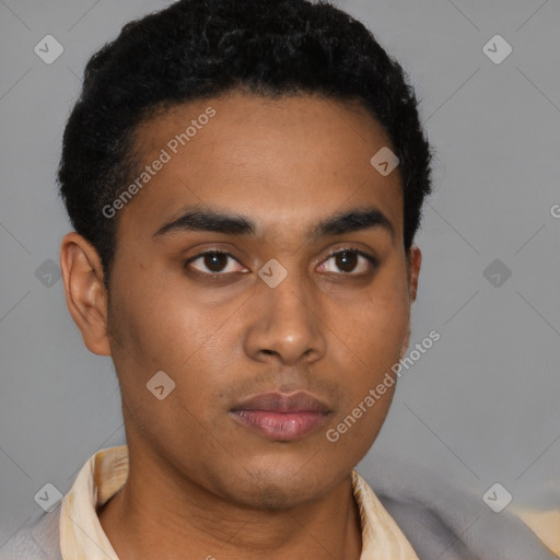 Neutral latino young-adult male with short  brown hair and brown eyes