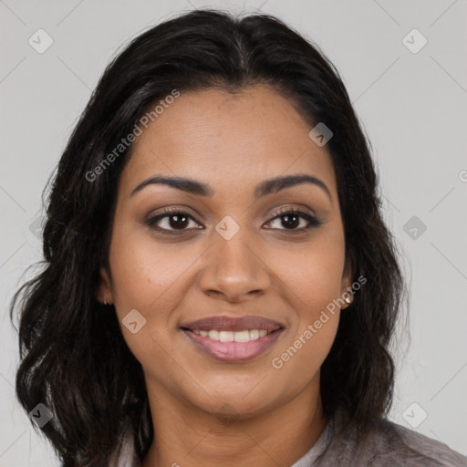 Joyful latino young-adult female with long  brown hair and brown eyes