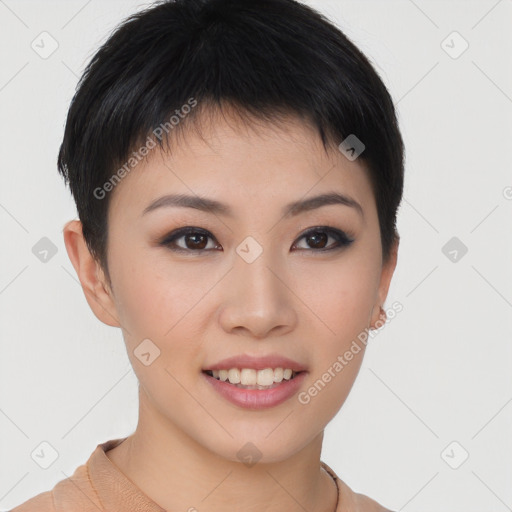 Joyful asian young-adult female with short  brown hair and brown eyes