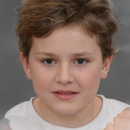 Joyful white child female with short  brown hair and brown eyes