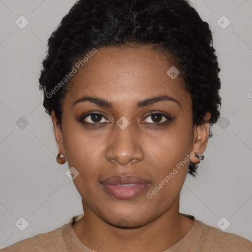 Joyful latino young-adult female with short  black hair and brown eyes