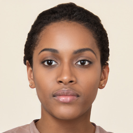 Neutral black young-adult female with short  black hair and brown eyes