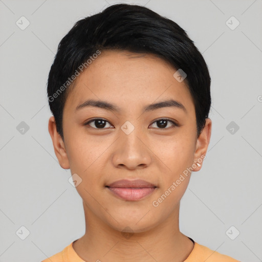 Joyful asian young-adult female with short  black hair and brown eyes