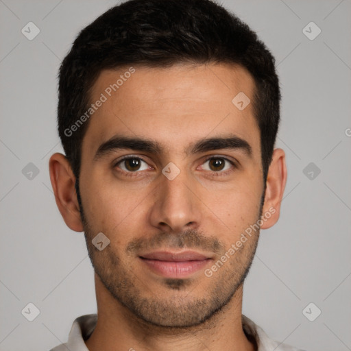 Neutral white young-adult male with short  brown hair and brown eyes