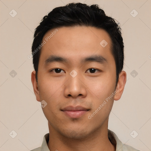 Neutral asian young-adult male with short  black hair and brown eyes