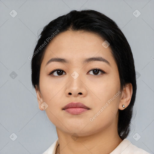 Neutral asian young-adult female with medium  black hair and brown eyes