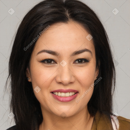 Joyful white young-adult female with long  brown hair and brown eyes