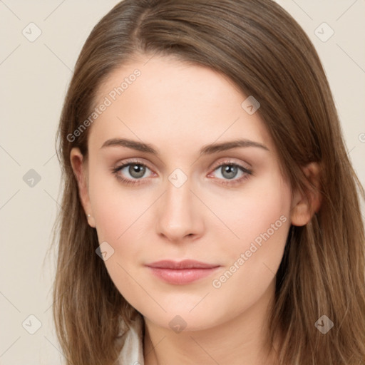 Neutral white young-adult female with long  brown hair and brown eyes