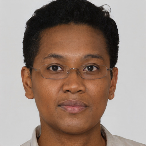 Neutral black adult female with short  brown hair and brown eyes
