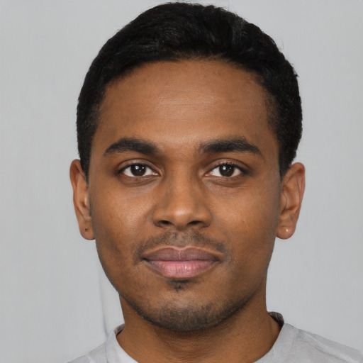 Neutral black young-adult male with short  black hair and brown eyes
