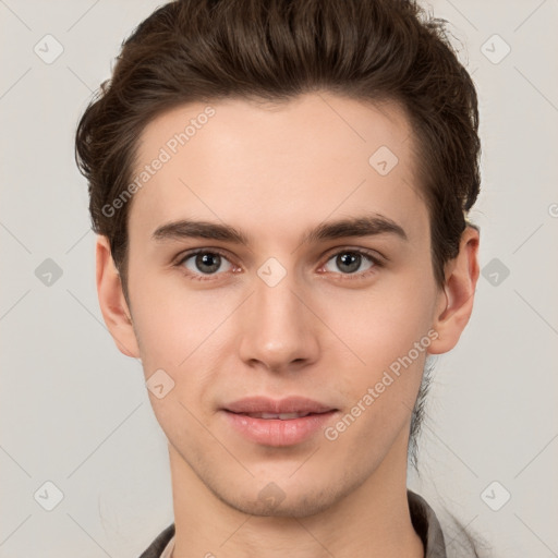 Neutral white young-adult male with short  brown hair and brown eyes