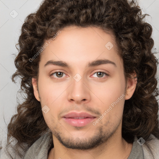 Joyful white young-adult male with medium  brown hair and brown eyes